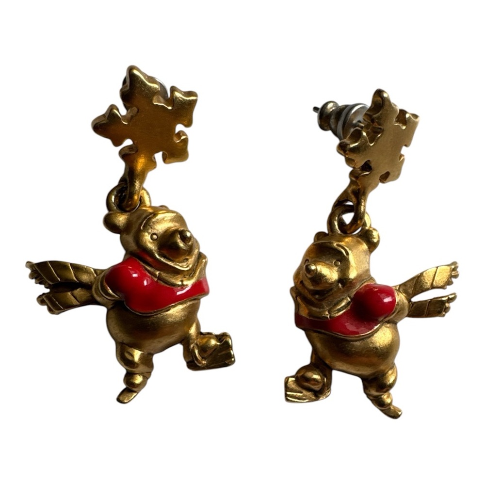 Vintage Disney Winnie The Pooh Ice Skating, Snowflake Post Earrings Drop 1997